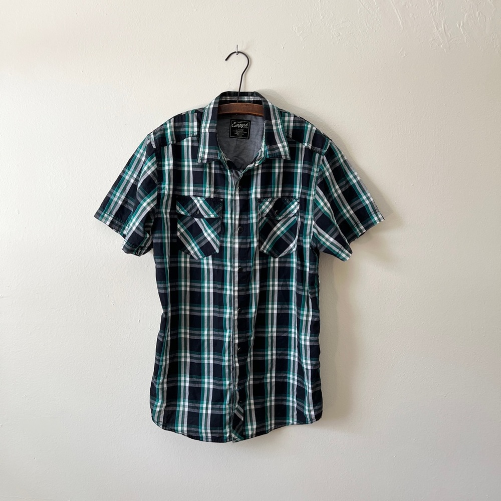 Empyre Minty Teal & Black Plaid Skater Button Down Short Sleeve Tee Pocket L